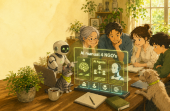 llustration of four people learning about AI together around a futuristic interactive screen with a friendly android robot, laptops, notebooks, a grey tabby cat, and a terrier in a warm sunlit room.