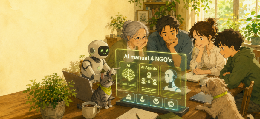 llustration of four people learning about AI together around a futuristic interactive screen with a friendly android robot, laptops, notebooks, a grey tabby cat, and a terrier in a warm sunlit room.
