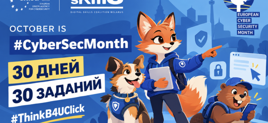 Иллюстрация European Cybersecurity Month 2026: Киберлисица, Киберпёс и Кибербобр — герои челленджа «30 дней — 30 заданий» от Digital Skills Coalition Belarus